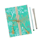 Ecofriendly designer bamboo handmade paper diaries with pen and pencil in sea green colour with golden thread